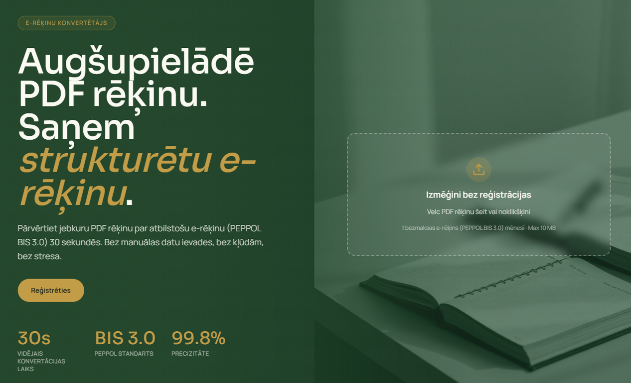PDF rēķina konvertēšana uz strukturētu UBL 2.1 e-rēķinu — pdf-erekins.degra.lv saskarne